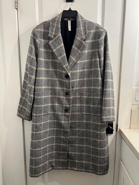 Mural Black, Gray & Cream Plaid Wool Blend Coat